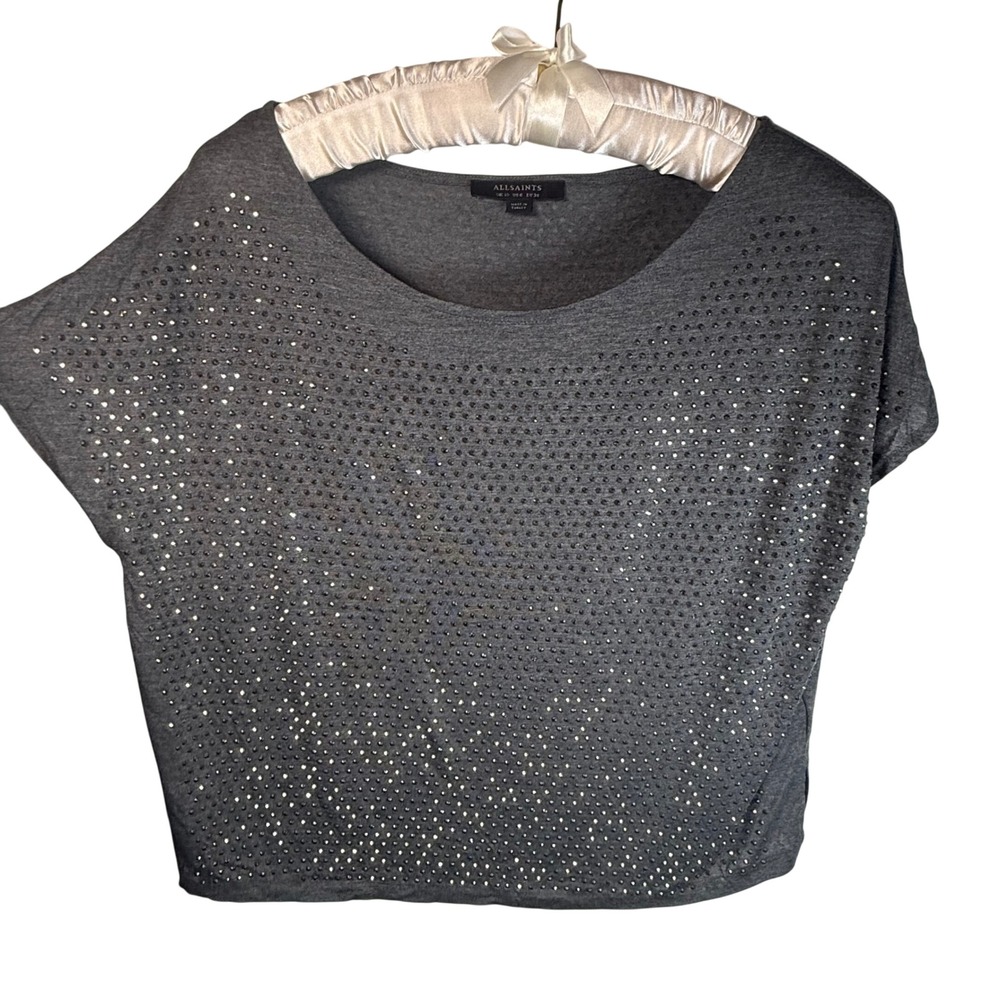 AllSaints Helene Sparkle Tee Hematite Rhinestone Front and Back Top US 6 Medium